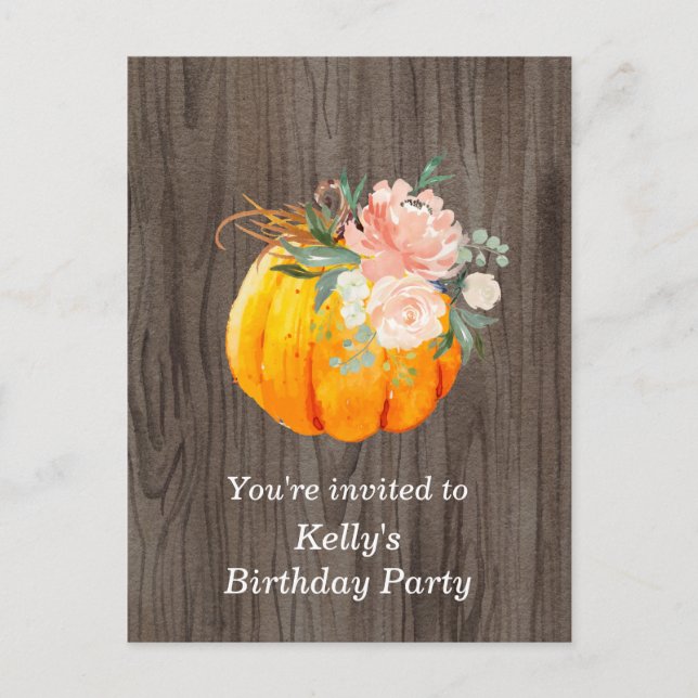fall, floral, pumpkin birthday invitation postcard (Front)