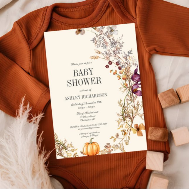 Fall Floral Pumpkin Boho Baby Shower Invitation (Fall Wildflower Baby Shower Invitation, Pumpkin Invite, Mustard Yellow, Ivory, Autumn)