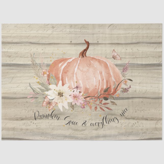 Fall Floral Pumpkin Burnt Orange Script Decoupage Tissue Paper (Front)