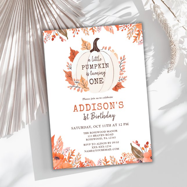 Fall Floral Pumpkin First Birthday Invitation (Creator Uploaded)