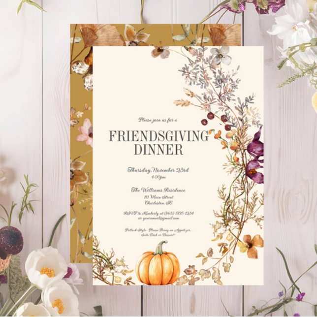 Fall Floral Pumpkin Friendsgiving Dinner Invitation (Fall Floral Friendsgiving Dinner Invitation, Pumpkin Thanksgiving Invite, Wildflowers)
