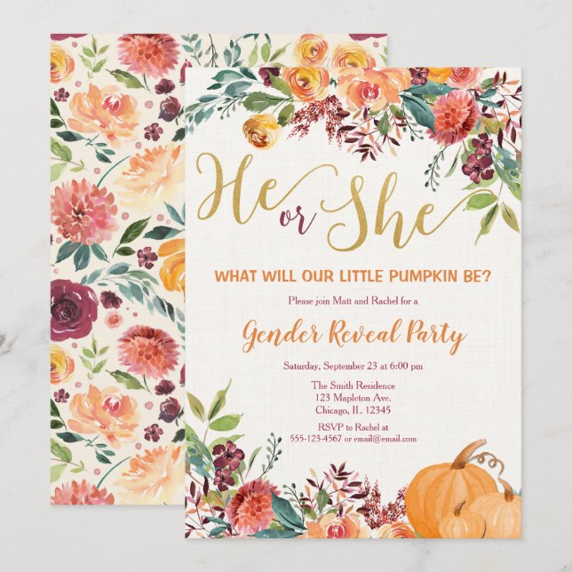 Fall floral pumpkin gender reveal invitation (Front/Back)