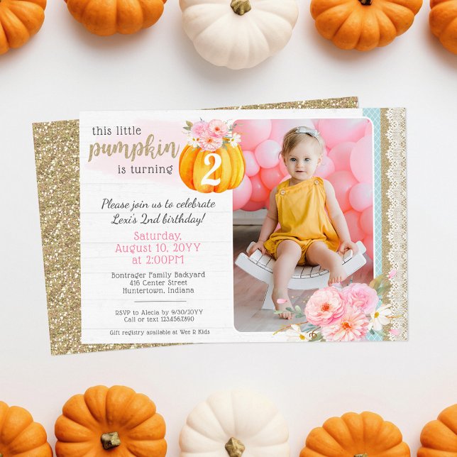 Fall Floral Pumpkin Girl's Custom Birthday Photo Invitation (Creator Uploaded)