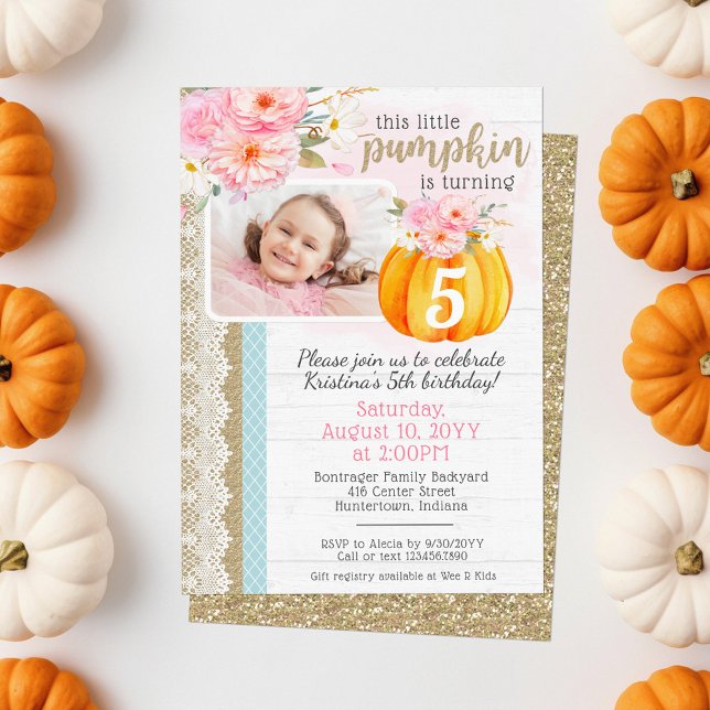 Fall Floral Pumpkin Girl's Custom Birthday Photo Invitation (Creator Uploaded)