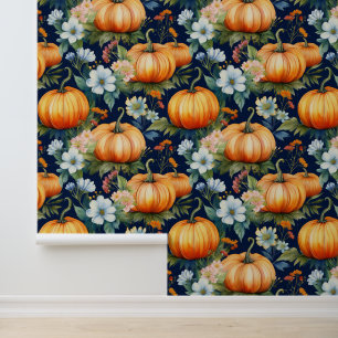 Fall Floral Pumpkin Patch on Dark Blue Wallpaper