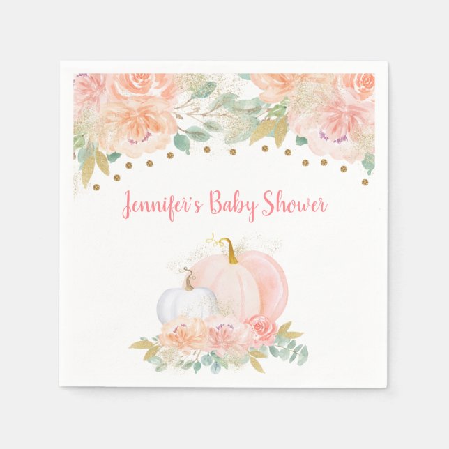 Fall Floral Pumpkin Pink & Gold Baby Shower Napkin (Front)