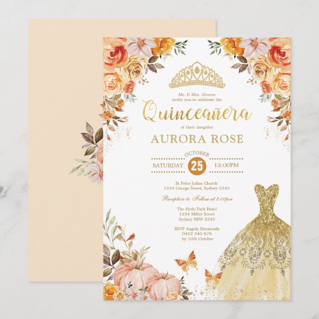 Fall Floral Pumpkin Quinceañera Mis Quince Anos Invitation (Front/Back)
