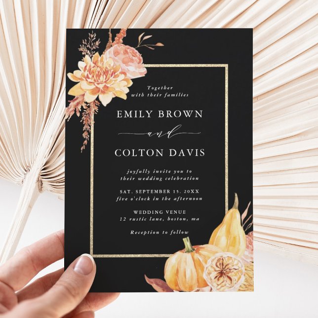 Fall Floral Pumpkin Rustic Wedding Black Invitation (Creator Uploaded)