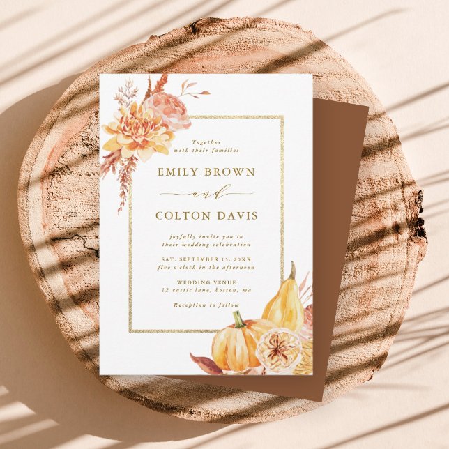 Fall Floral Pumpkin Rustic Wedding Gold Script Invitation (Creator Uploaded)