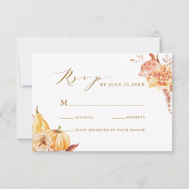 Fall Floral Pumpkin Rustic Wedding Gold Script RSVP Card (Front)