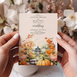 Fall Floral Pumpkin Scrip Wedding Invitation
