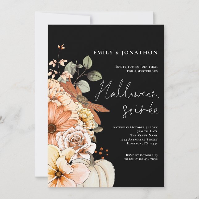 Fall Floral Pumpkin Script Halloween Party Black Invitation (Front)
