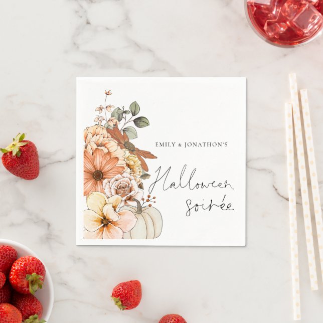 Fall Floral Pumpkin Script Halloween Soirée  Napkin (Insitu)