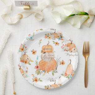 Fall Floral Pumpkin Sunflower Harvest Thanksgiving Paper Plate