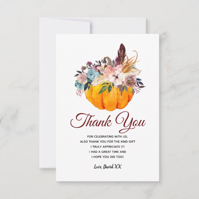 fall, floral, pumpkin thank you card (Front)
