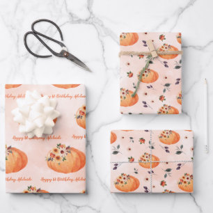 Fall Floral Pumpkin with Name Wrapping Paper Sheet