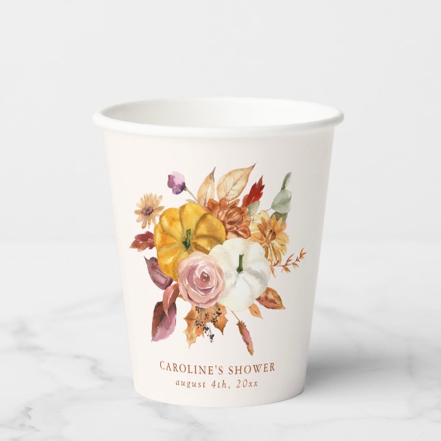 Fall Floral & Pumpkins Baby Shower Paper Cups (Front)