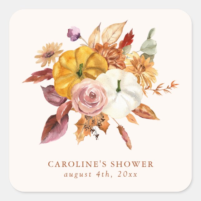 Fall Floral & Pumpkins Baby Shower Square Sticker (Front)