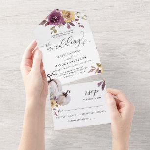 Fall Floral Pumpkins Burgundy Mustard Rustic All In One Invitation