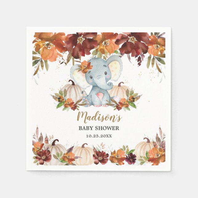 Fall Floral Pumpkins Cute Elephant Baby Shower Napkin (Front)