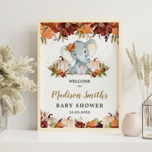 Fall Floral Pumpkins Cute Elephant Baby Shower   Poster (Creator Uploaded)