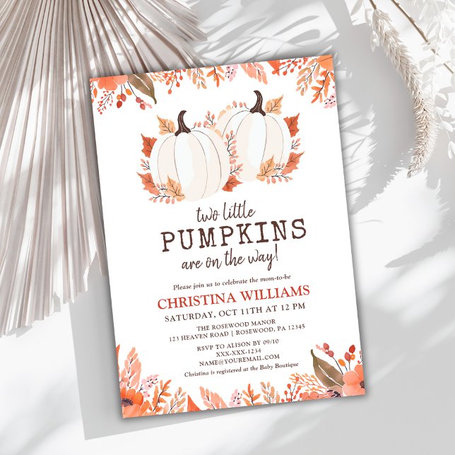 Fall Floral Pumpkins Watercolor Twin Baby Shower Invitation (Creator Uploaded)