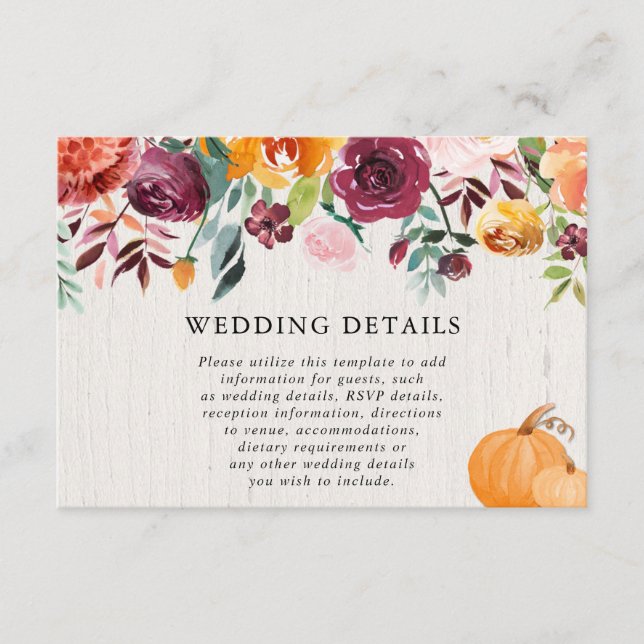 Fall floral pumpkins watercolor wedding details enclosure card (Front)