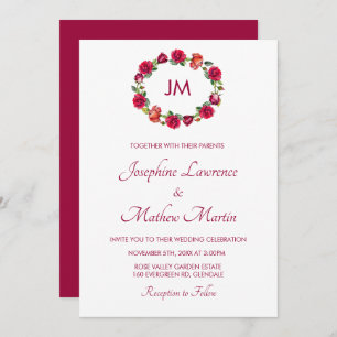 Fall Floral Roses Wreath Monogram Wedding Invitation