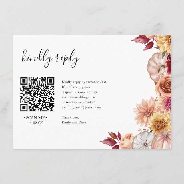Fall Floral RSVP Wedding QR CODE Details on back Enclosure Card (Front)
