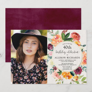 Fall floral rustic birthday, adult any age photo invitation
