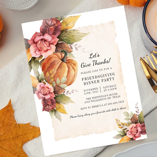 Fall Floral Rustic Pumpkin Friendsgiving Invitation (Lets Give Thanks Thanksgiving Dinner Floral Pumpkin Invitation)