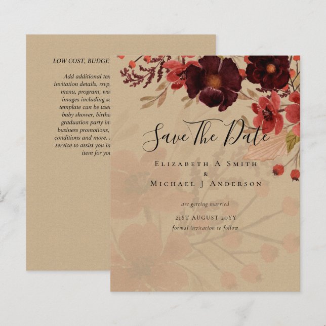 Fall Floral SAVE DATES Terracotta Burgundy Red (Front/Back)