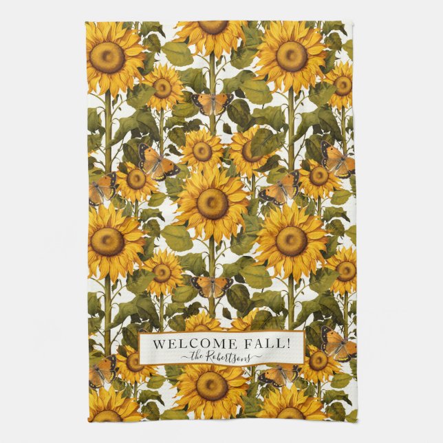 Fall Floral Sunflower Flower Butterfly Off White Tea Towel (Vertical)