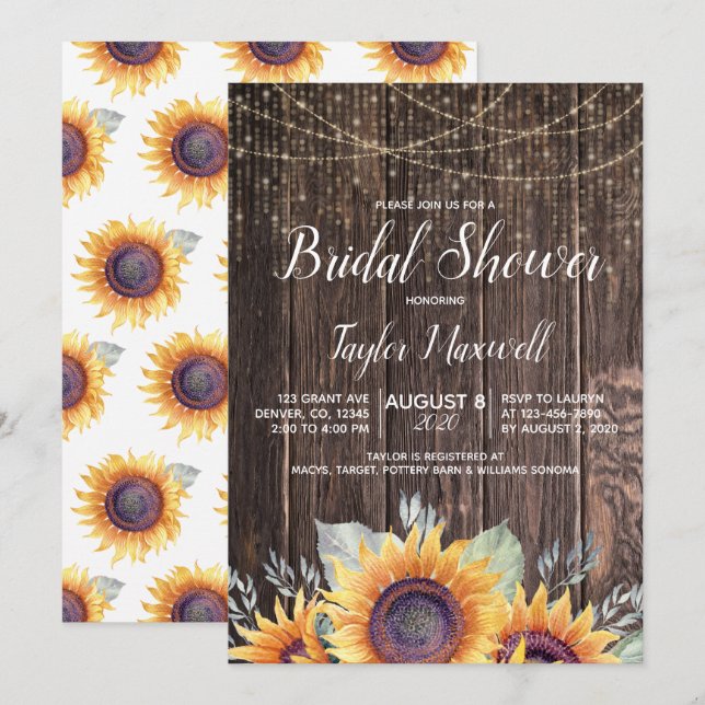 Fall floral sunflower rustic wood bridal shower invitation (Front/Back)