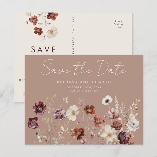 Fall Floral Taupe Wedding Save the Date Postcard (Front/Back)
