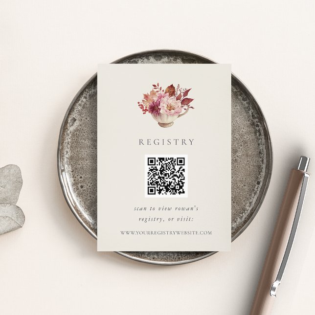 Fall Floral Teacup Bridal Shower Registry QR Code Enclosure Card (Creator Uploaded)