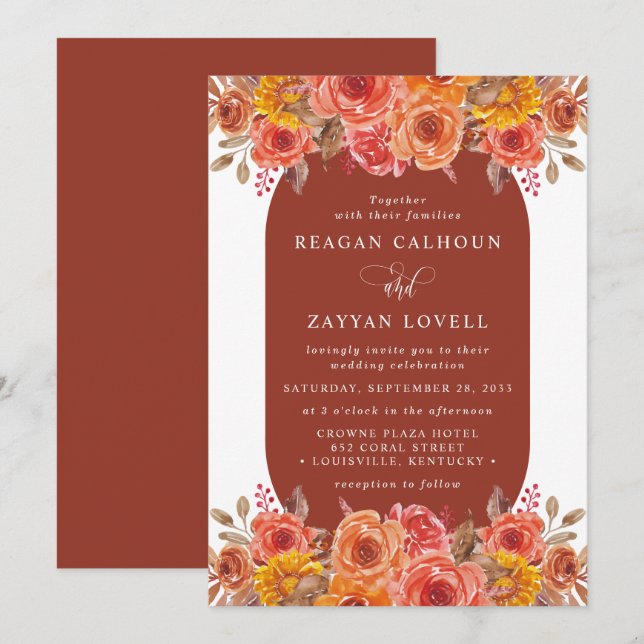 Fall Floral Terracotta Watercolor Wedding Invitation (Front/Back)