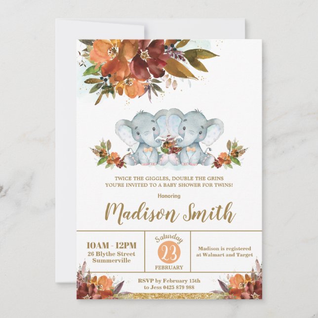 Fall Floral Twin Boys Elephants Twins Baby Shower  Invitation (Front)