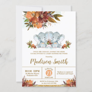 Fall Floral Twin Boys Elephants Twins Baby Shower Invitation