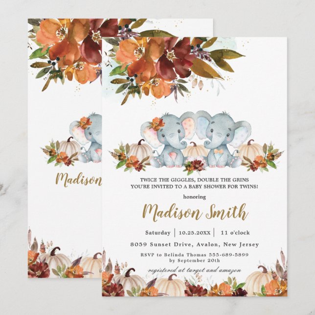 Fall Floral Twins Boy Girl Elephants Baby Shower  Invitation (Front/Back)