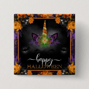 Fall Floral Unicorn Face Happy Halloween 15 Cm Square Badge