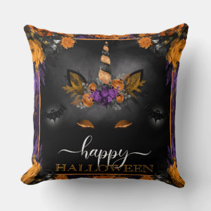 Fall Floral Unicorn Face Happy Halloween Cushion