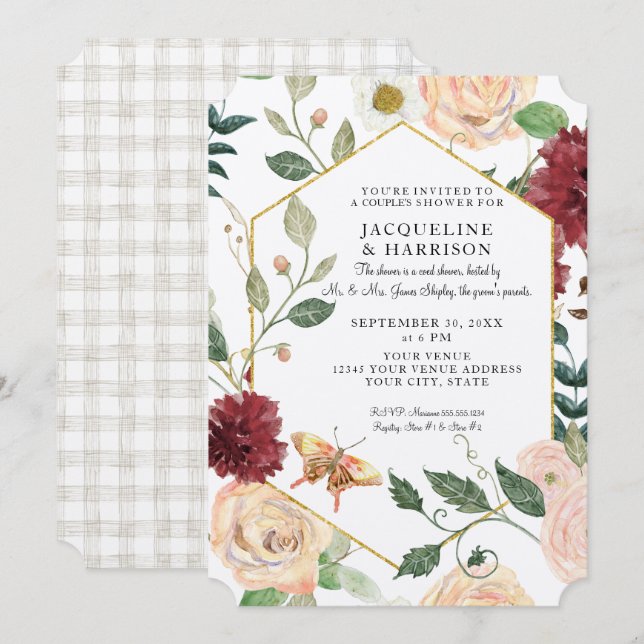 Fall Floral Watercolor Marsala Kraft Couple Shower Invitation (Front/Back)