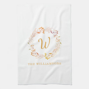 Fall Floral Watercolor Rustic Personalized Name  Tea Towel