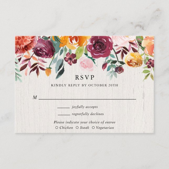 Fall floral watercolor rustic wedding RSVP Enclosure Card (Front)