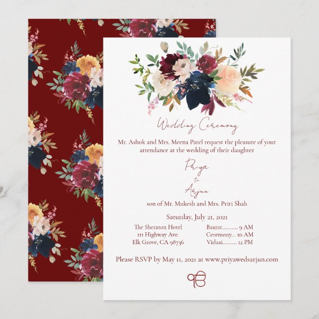 Fall Floral Watercolor Sikh Ik Onkar Wedding Invitation (Front/Back)
