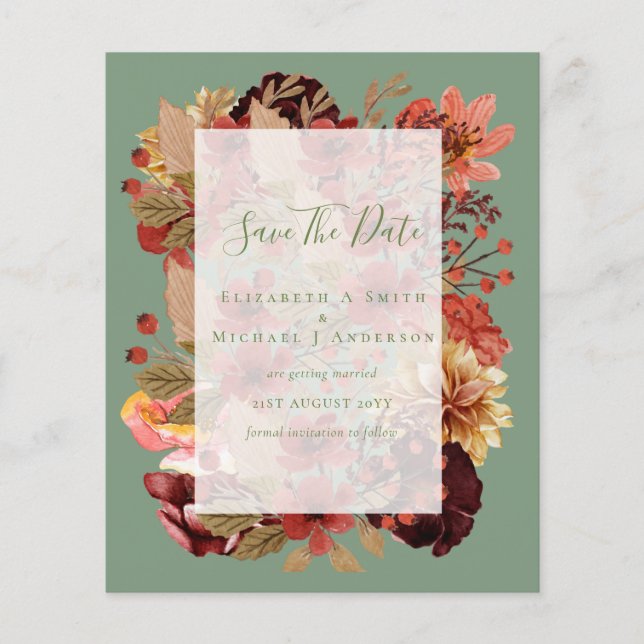 Fall Floral Wedding - Burgundy Orange BUDGET Flyer (Front)