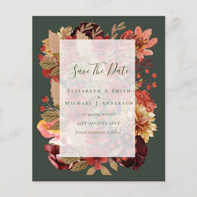 Fall Floral Wedding - Burgundy Orange BUDGET Flyer (Front)