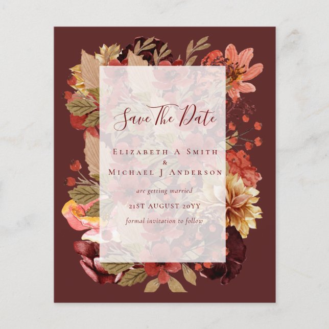 Fall Floral Wedding - Burgundy Orange BUDGET Flyer (Front)