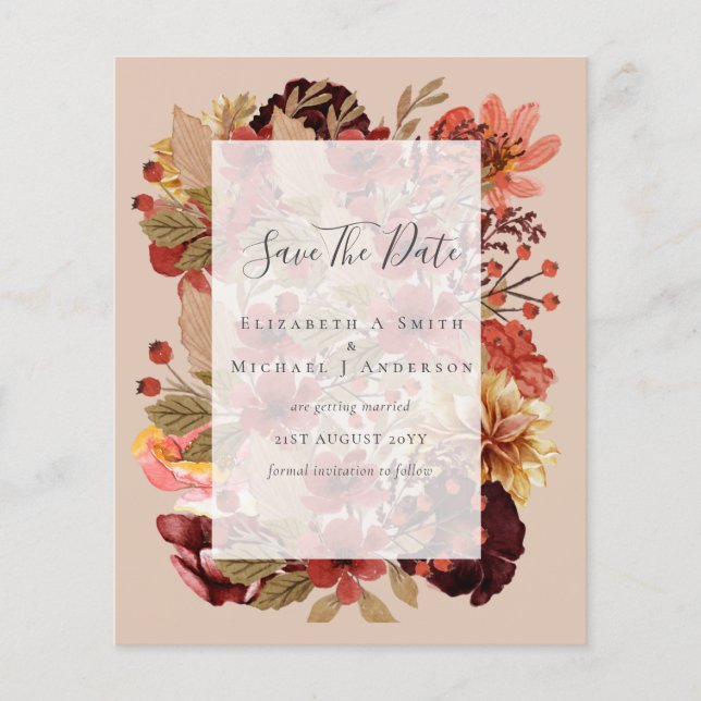 Fall Floral Wedding - Burgundy Orange BUDGET Flyer (Front)